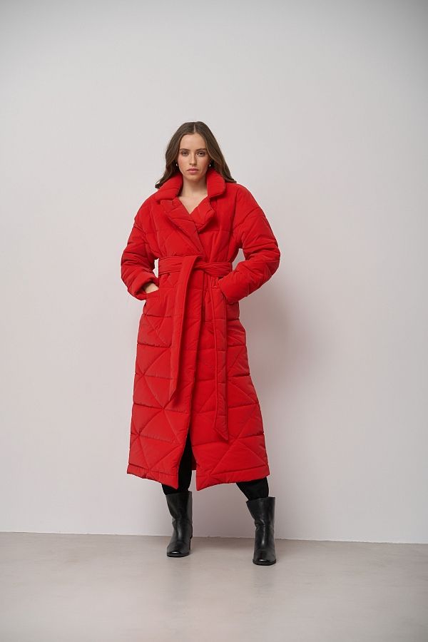 Long quilted coat red with triangle pattern МБПЩ001/15 #RU#  МБПЩ001/15 № 1