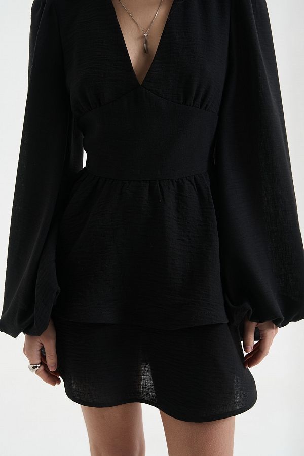 Linen dress with double skirt black linen25/2 № 4