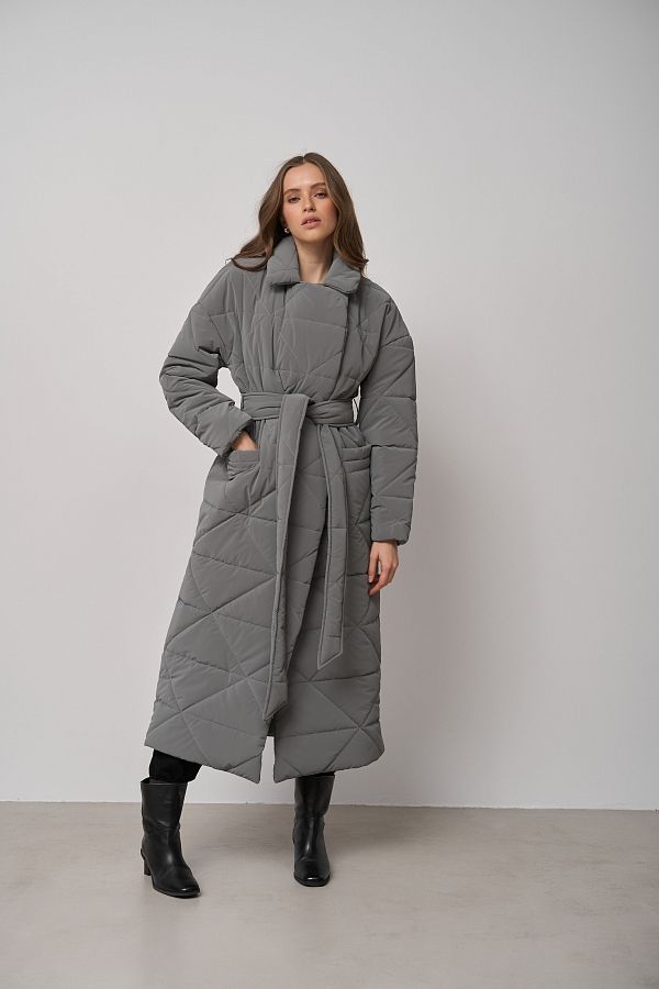 Long quilted coat gray with triangle pattern МБПЩ001/16 #RU#  МБПЩ001/16 № 2