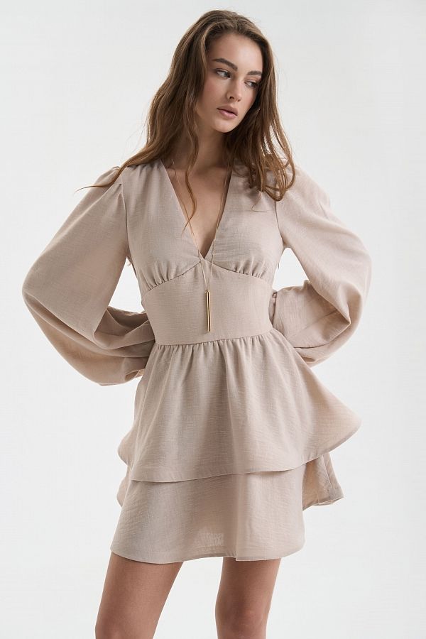 Linen dress with double skirt beige linen25/1 № 1