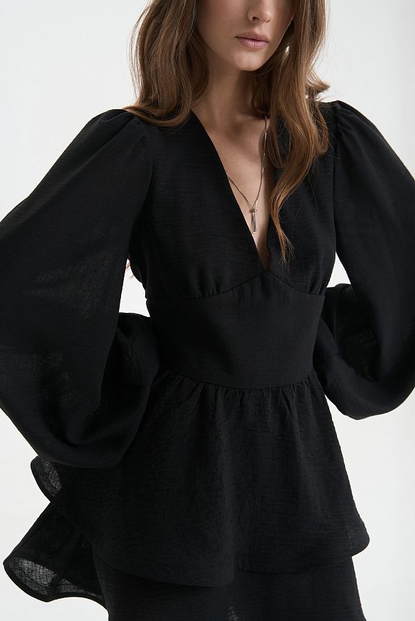 Linen dress with double skirt black linen25/2 № 2