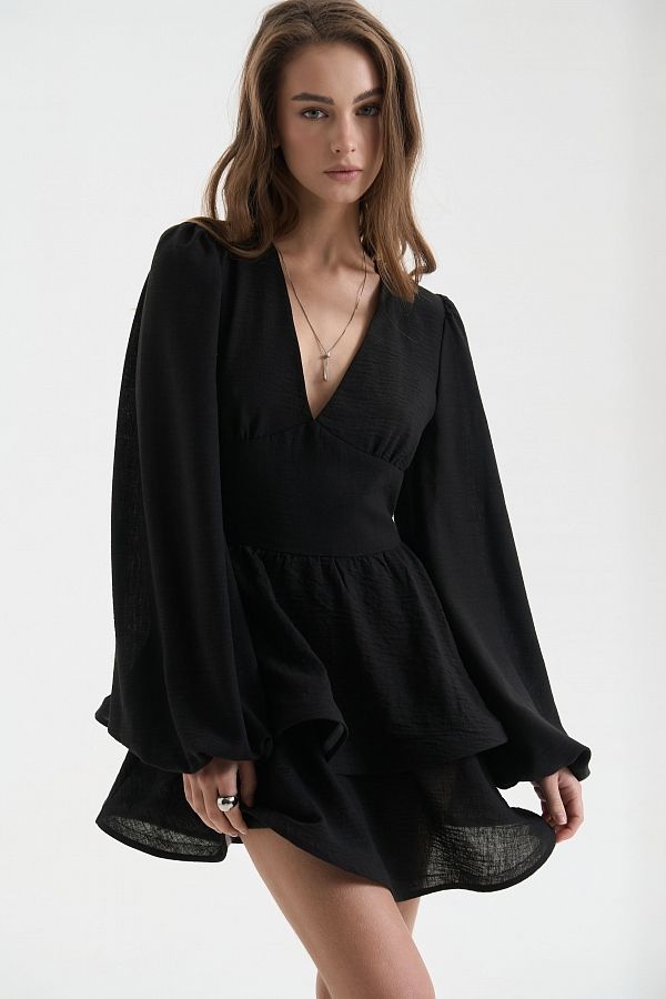 Linen dress with double skirt black linen25/2 № 1