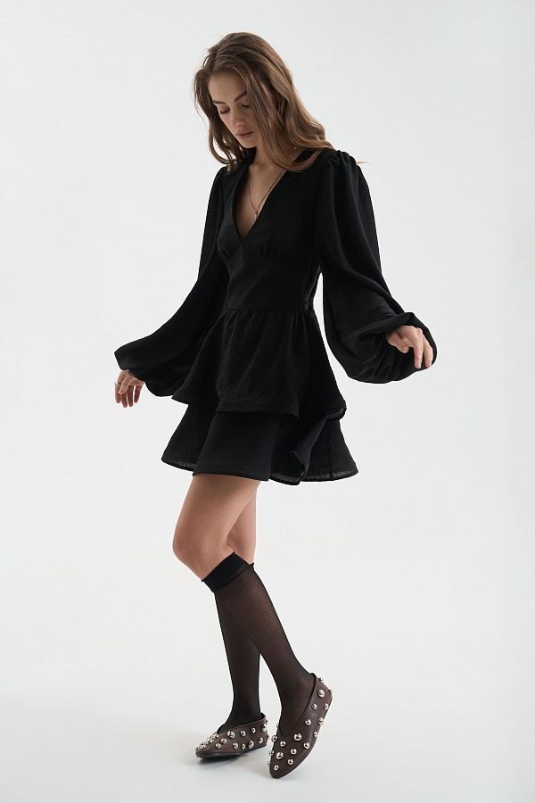 Linen dress with double skirt black linen25/2 № 3