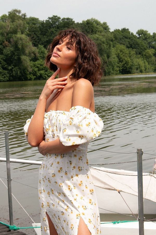 Midi dress with two cuts ivory with yellow flowers PL0031/4 № 3
