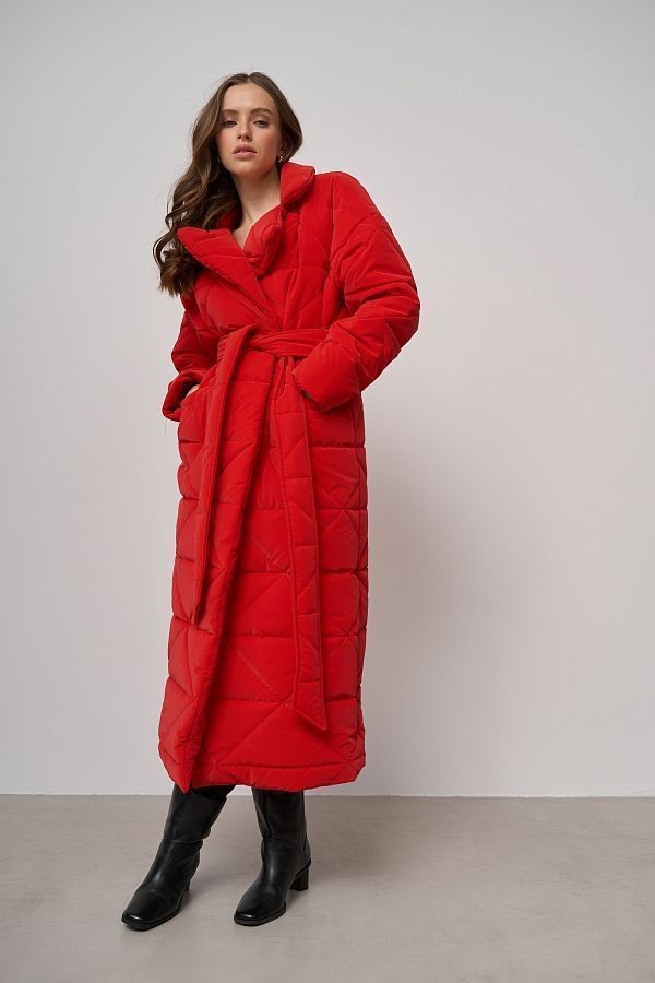 Long quilted coat red with triangle pattern МБПЩ001/15 #RU#  МБПЩ001/15 № 3