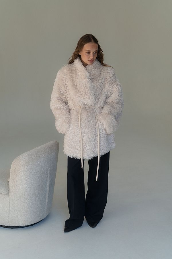 Lengthened fur overcoat ivory  19421/1 № 2