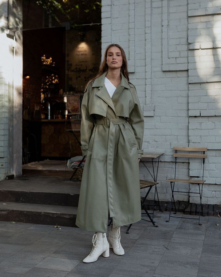 Olive green eco-leather trench coat on suede С0321/2 #RU#  С0321/2 № 1