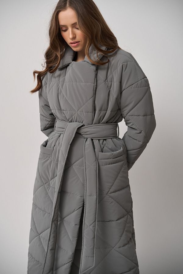 Long quilted coat gray with triangle pattern МБПЩ001/16 #RU#  МБПЩ001/16 № 1