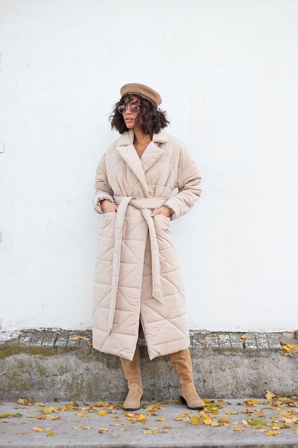 Long quilted coat light beige with triangle pattern МБПЩ001/15 #RU#  МБПЩ001/15 № 2
