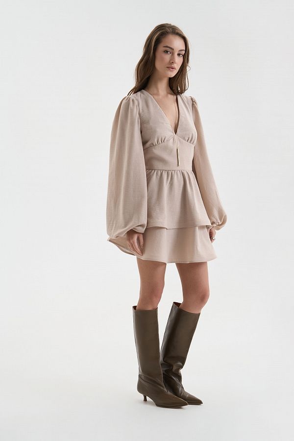 Linen dress with double skirt beige linen25/1 № 2
