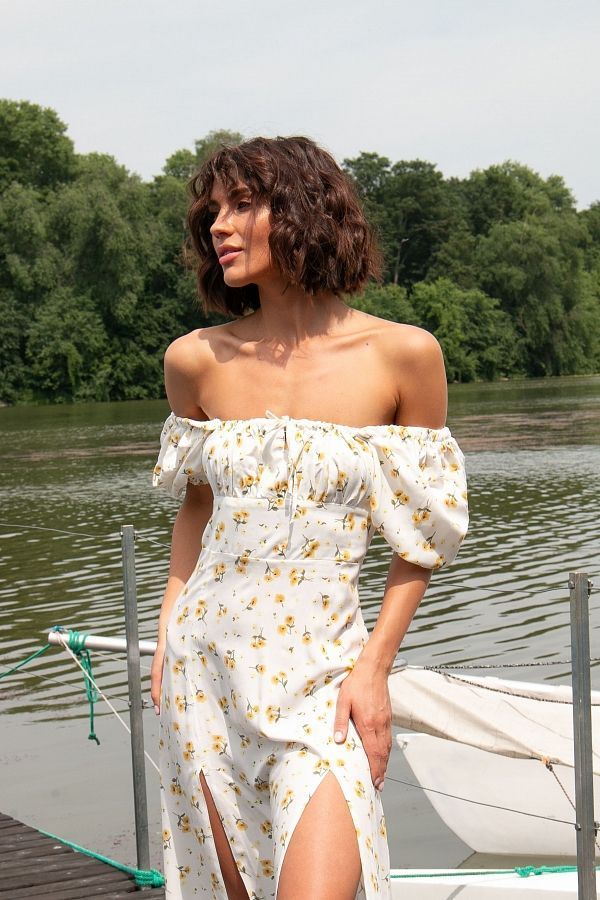 Midi dress with two cuts ivory with yellow flowers PL0031/4 № 1