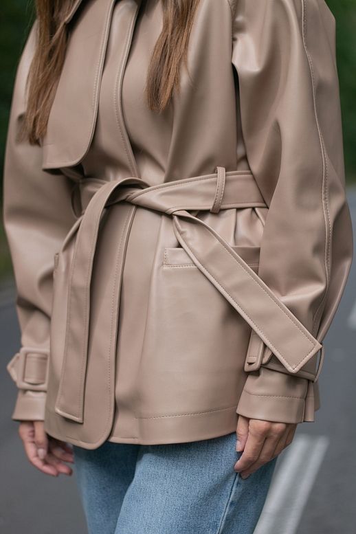 Short eco-leather trench with belt dark beige - №2