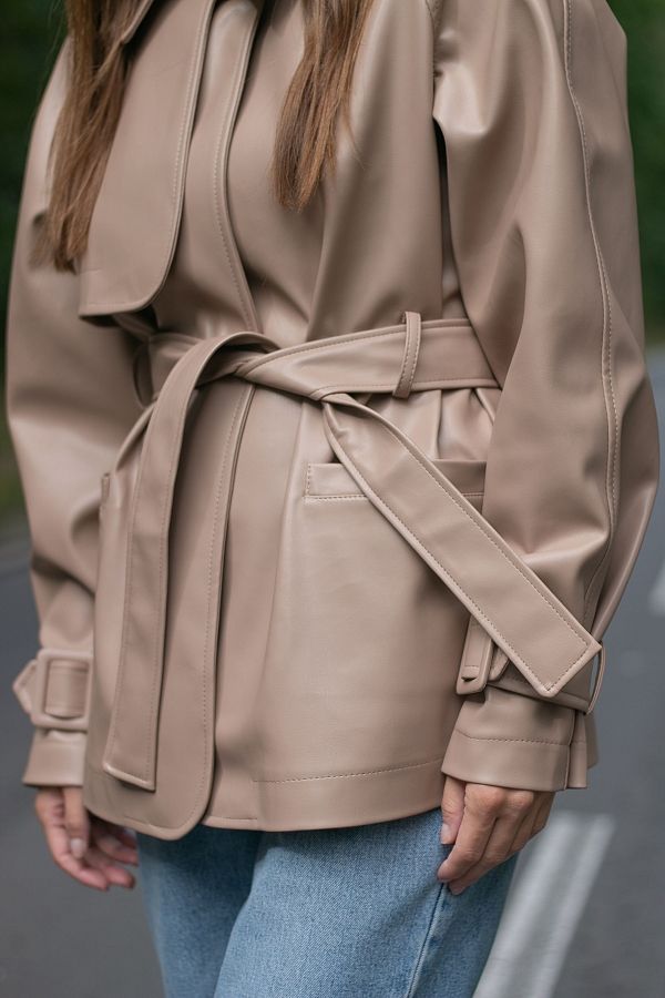 Short eco-leather trench with belt dark beige МБКТ009/5 #RU#  МБКТ009/5 № 2