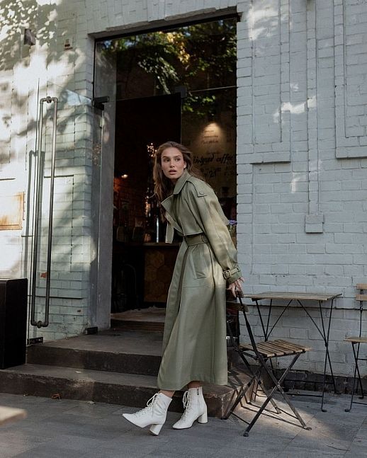 Olive green eco-leather trench coat on suede - №2