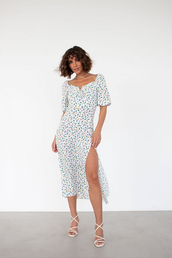 Midi dress with slit and short sleeve ivory in multicolored flowers D0521KR/7 № 1