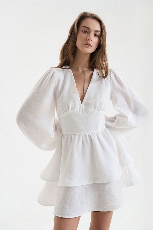 Linen dress with double skirt ivory