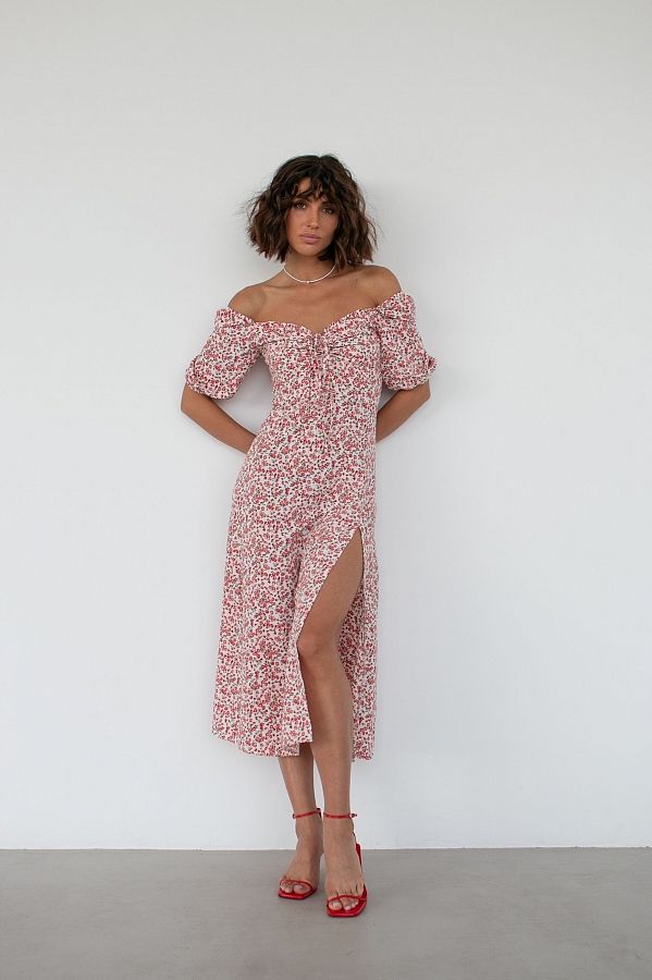 Midi dress with slit short sleeves ivory with red flowers D0521KR/8 № 2