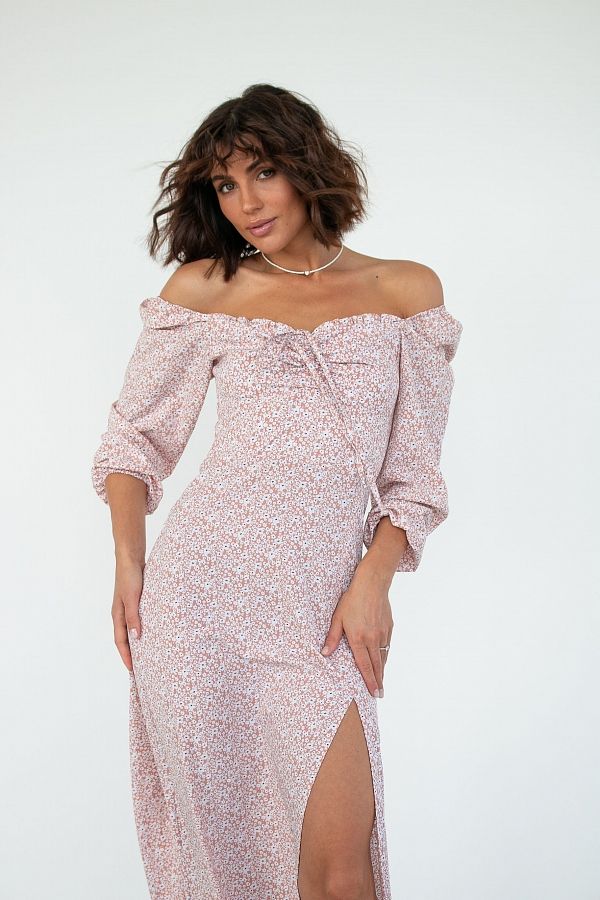 Midi dress with slit and long sleeves beige D0521DR/6 № 2