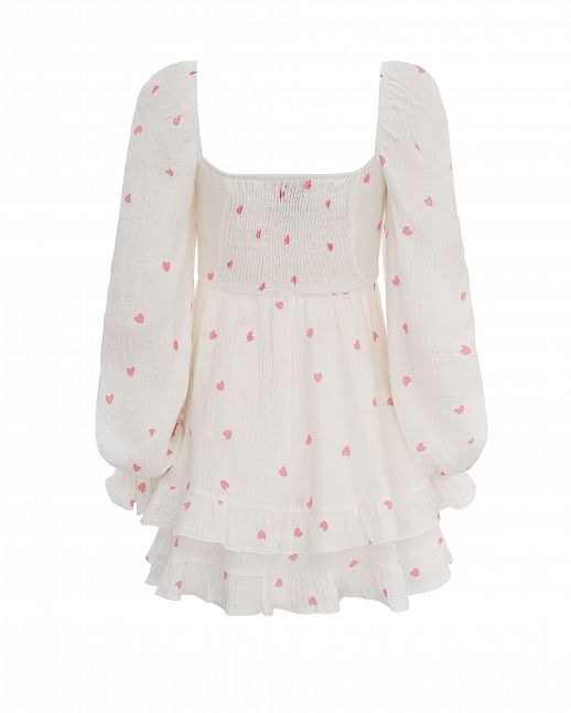 Muslin mini dress with frills white in pink hearts