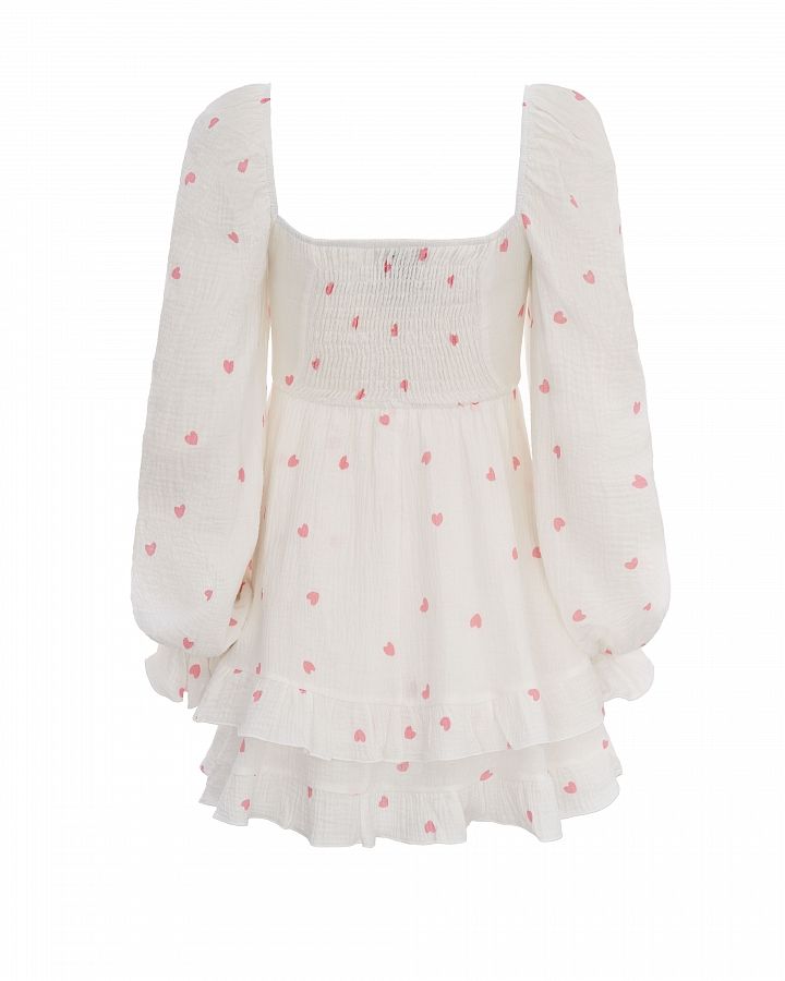 Muslin mini dress with frills white in pink hearts D00923/11 № 2