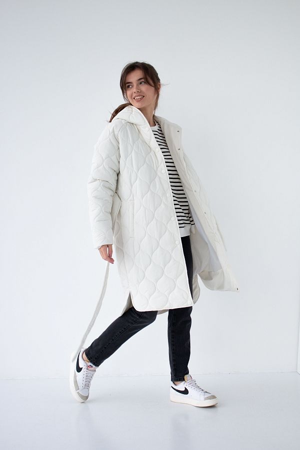 Ivory quilted coat with hood  MBPT002/4 #RU# Pikowana kurtka zimowa z białym kapturem MBPT002/4 № 1