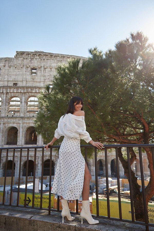 Midi white skirt with slit and large dots  SP001/6 #RU# Spódnica midi w białe kropki SP001/6 № 2