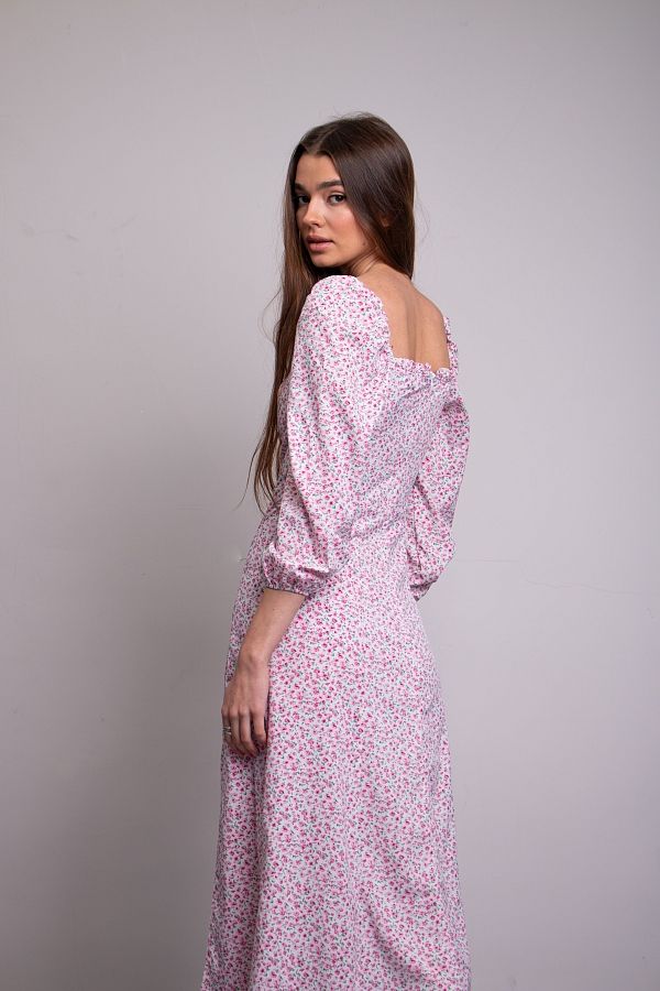 Midi dress with slit and long sleeves ivory with pink flowers D0521DR/5 № 1