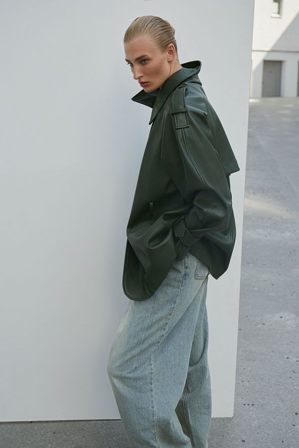 Short eco-leather trench with belt dark green МБКТ009/2 #RU#  МБКТ009/2 № 1