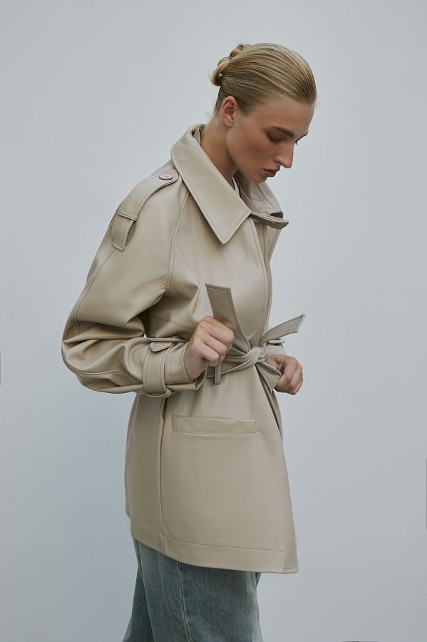 Short eco-leather trench with belt light beige МБКТ009/4 #RU#  МБКТ009/4 № 1