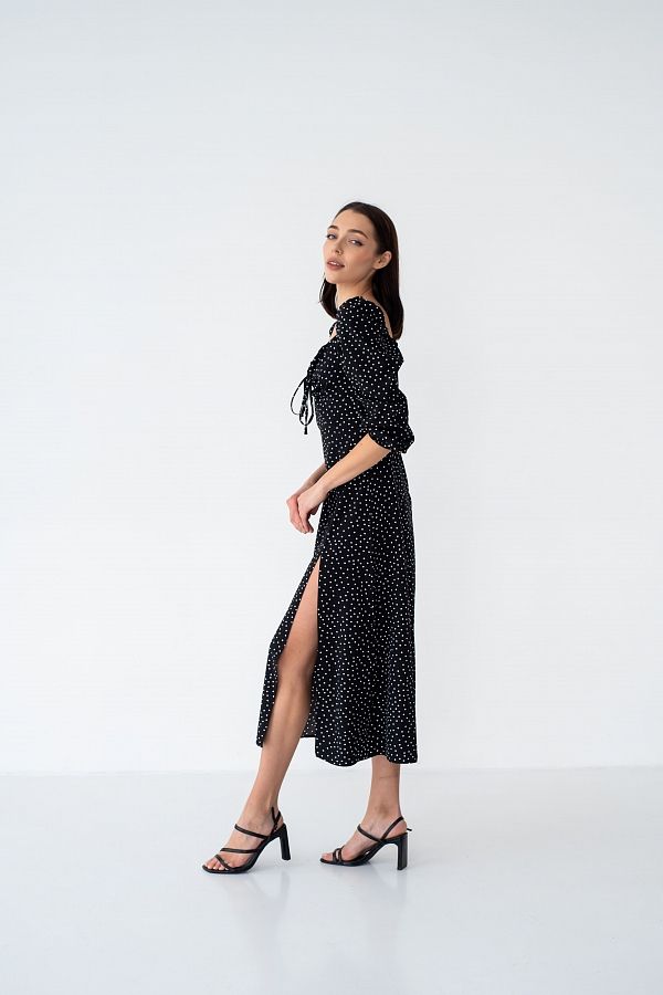 Midi dress with slit and long sleeves black in white dots D0521DR/1 № 3