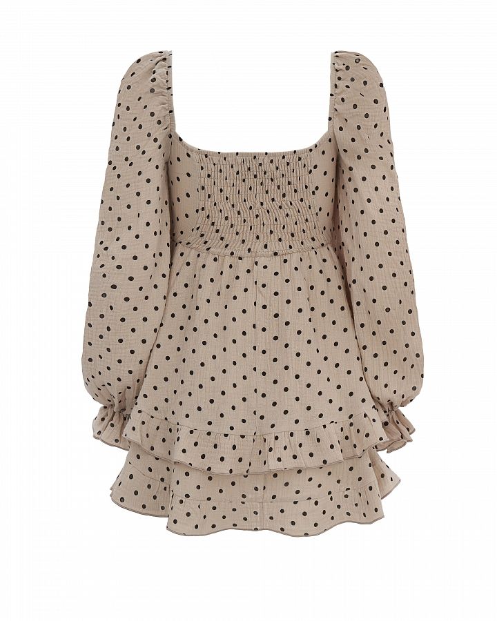 Mini muslin dress with frills beige in black peas D00923/16 № 4