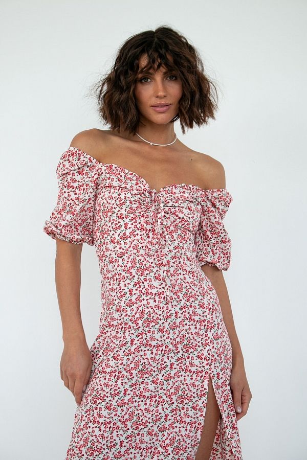 Midi dress with slit short sleeves ivory with red flowers D0521KR/8 № 1