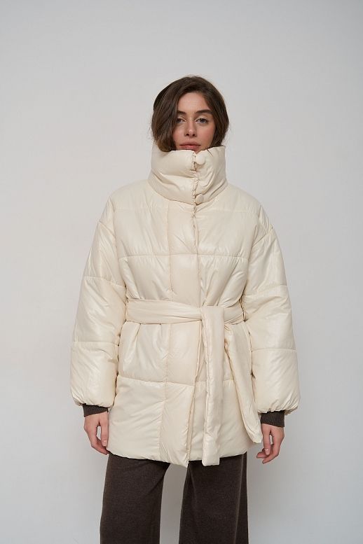 Elongated high collar coat ivory with buttons