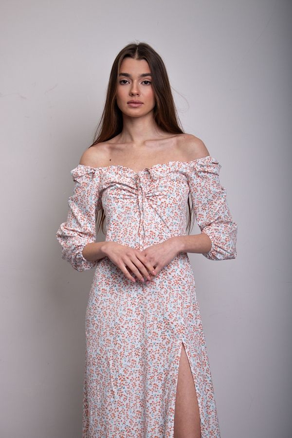Midi dress with slit and long sleeves ivory with orange flowers D0521DR/6 № 3