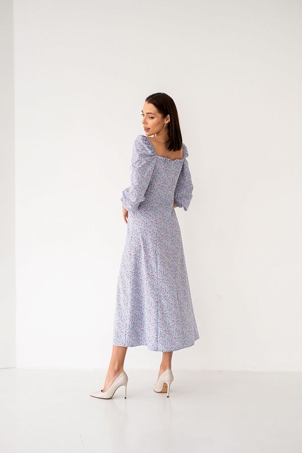 Midi dress with slit and long sleeves blue with pink flower D0521DR/4 № 3