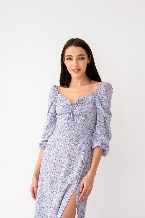 Midi dress with slit and long sleeves blue with pink flower D0521DR/4 № 2