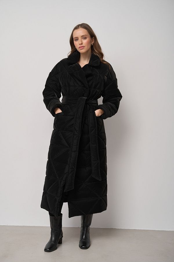 Long quilted coat black with triangle pattern MBPSH001/5 #RU# Długa pikowana kurtka z czarnym paskiem w trójkątny wzór MBPSH001/5 № 5