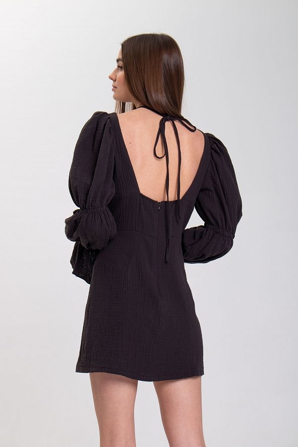 Black muslin dress with puffy sleeves D0123/1 № 3