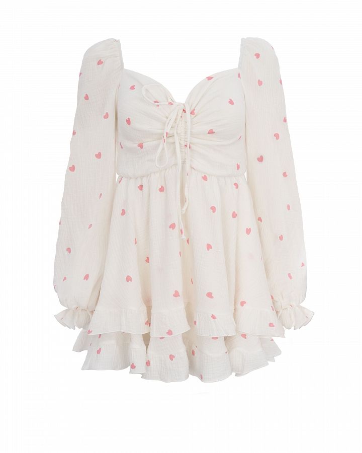 Muslin mini dress with frills white in pink hearts D00923/11 № 1