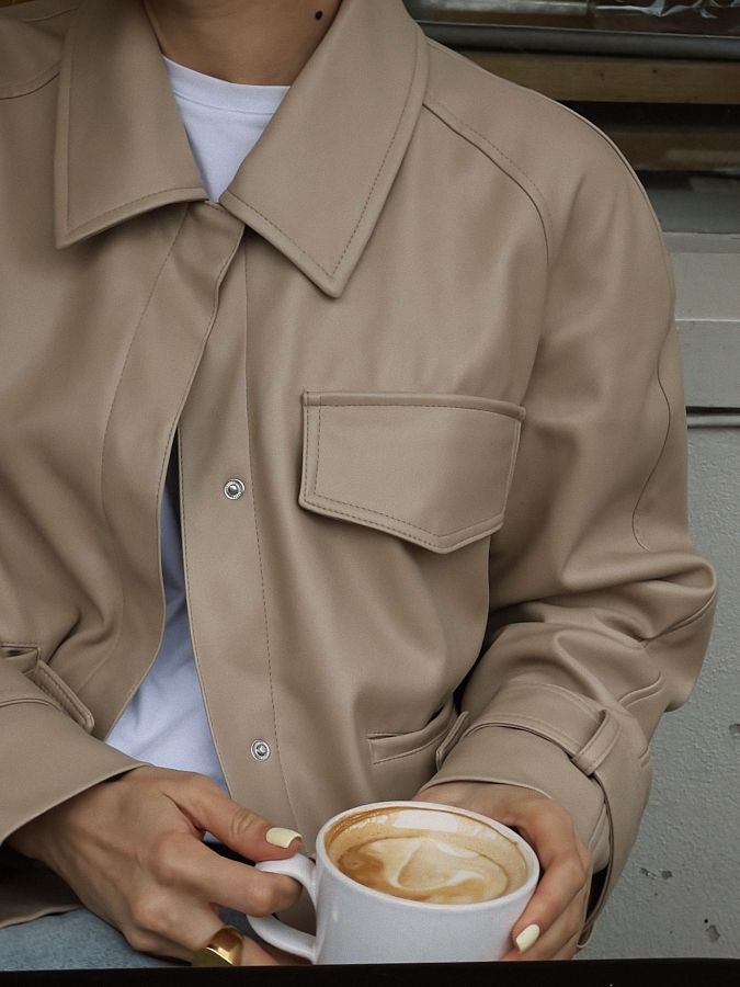 Beige short eco-leather trench coat on suede МБКТ010/7 #RU#  МБКТ010/7 № 1