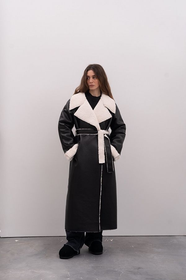 Sheepskin coat black with ivory fur GR02/2 № 1