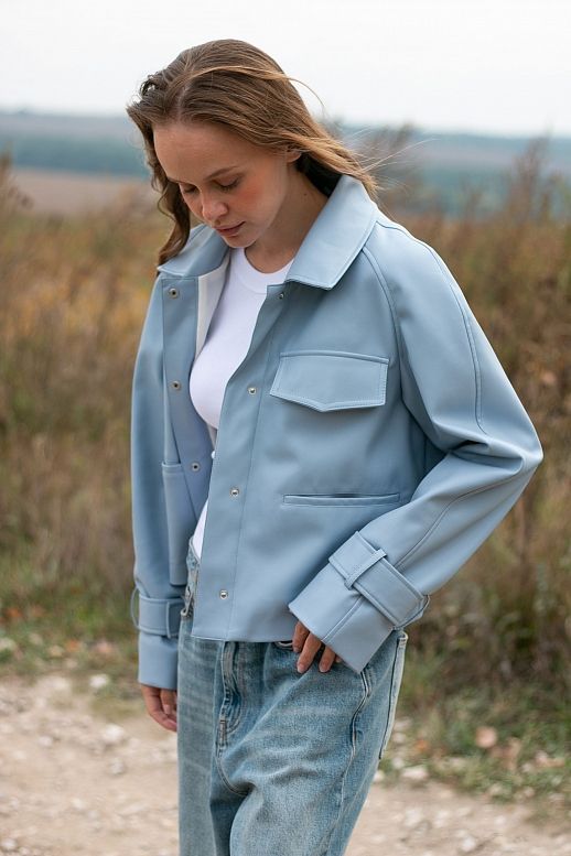 Blue short eco-leather trench coat on suede - №2