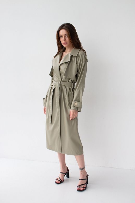 Olive green eco leather trench on fabric base