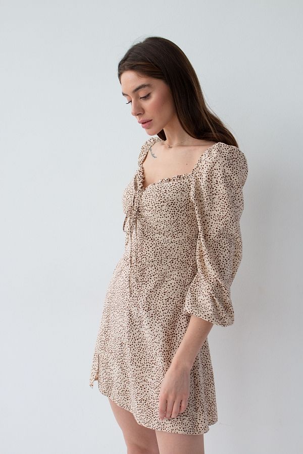 Beige mini dress in dots with slit D0321/15 № 2