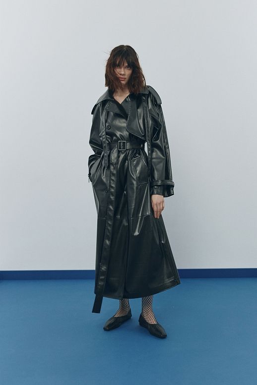 Black eco leather trench on fabric base with patches