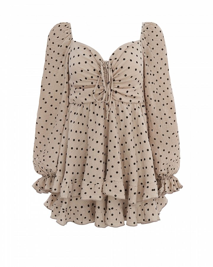 Mini muslin dress with frills beige in black peas D00923/16 № 5