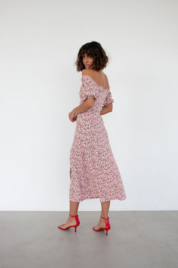 Midi dress with slit short sleeves ivory with red flowers D0521KR/8 № 3