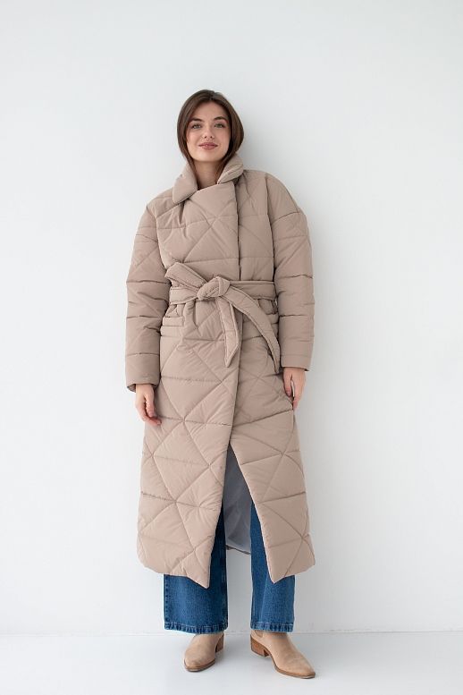 Long quilted coat beige with triangle pattern - №2