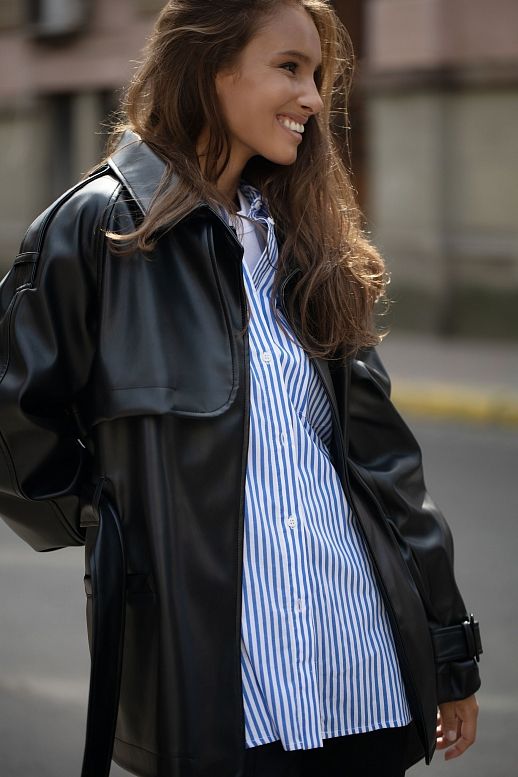 Short eco-leather trench with belt black - №2