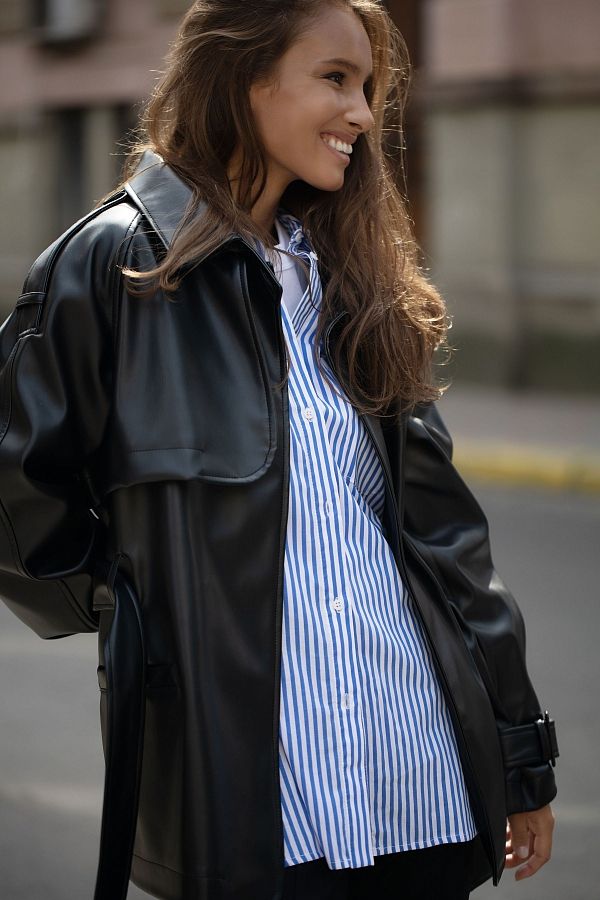 Short eco-leather trench with belt black МБКТ009 #RU#  МБКТ009 № 2